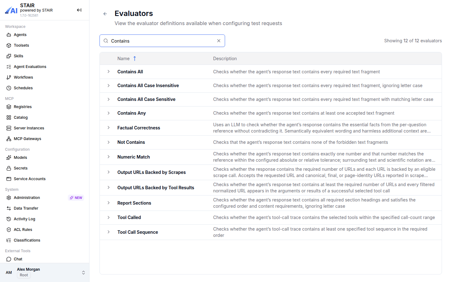 The Evaluators page filtered to "Contains", with the text and tool-call evaluators and their descriptions.