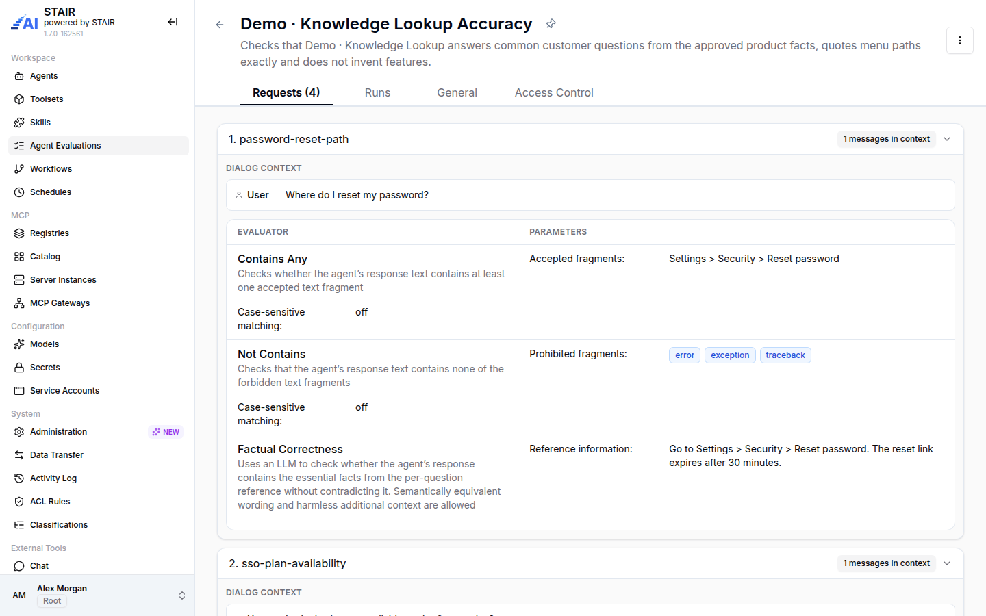 The Requests tab of the Demo test showing a dialog context and three evaluators with their parameters.