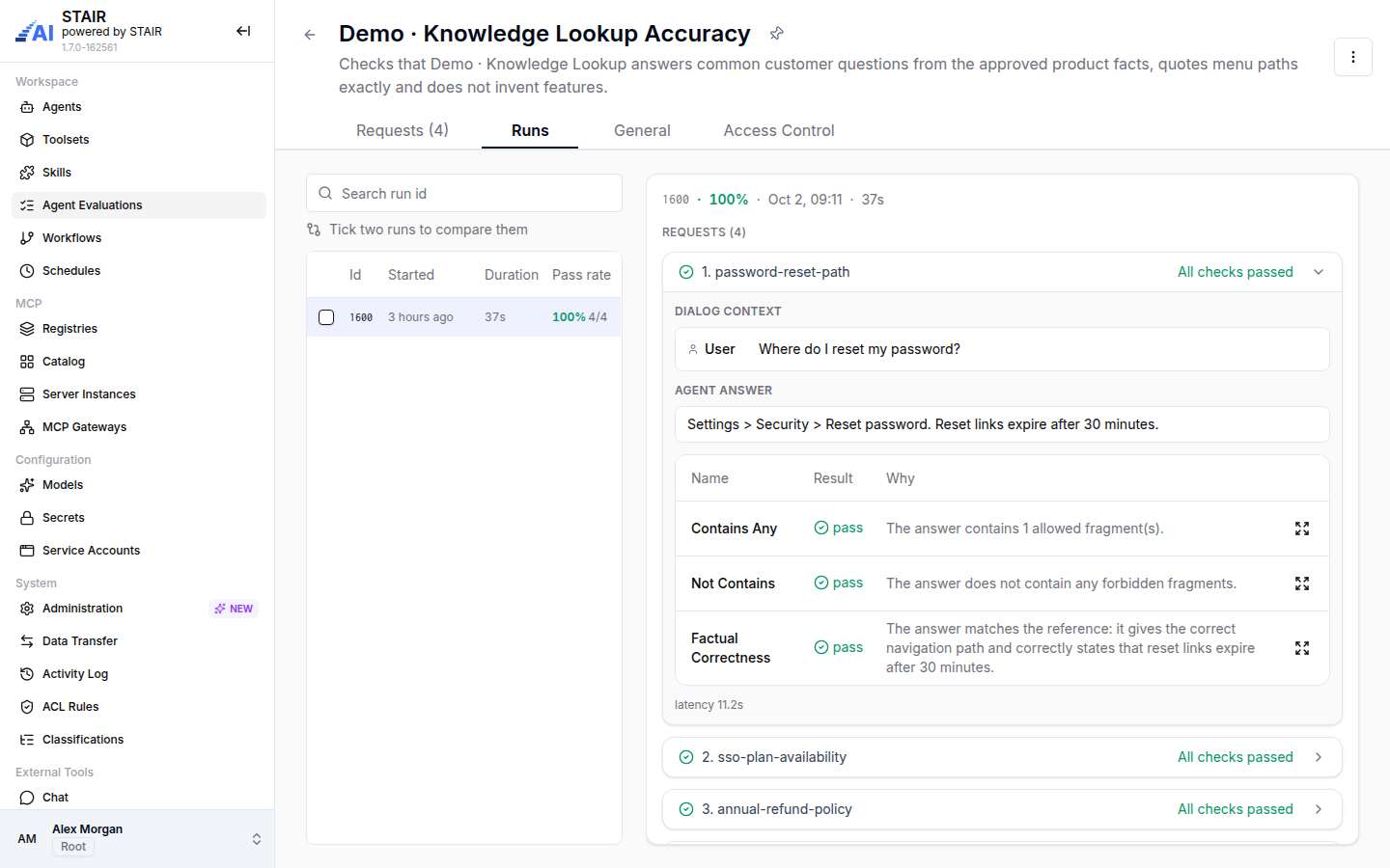 A run of the Demo test with one request expanded: the agent answer and pass results with reasons for three evaluators.