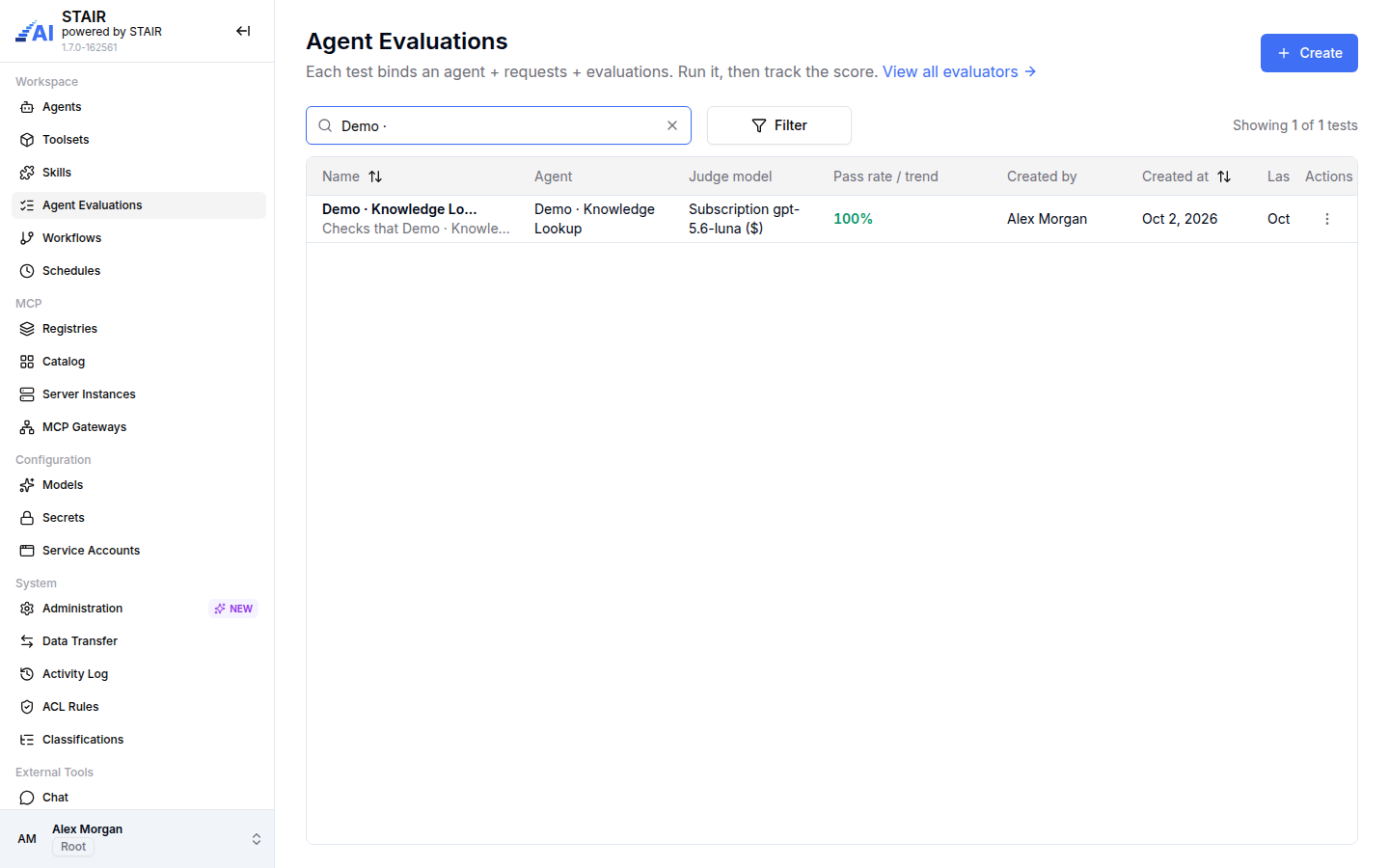 The Agent Evaluations list filtered to the Demo test, with agent, judge model, pass rate and trend.