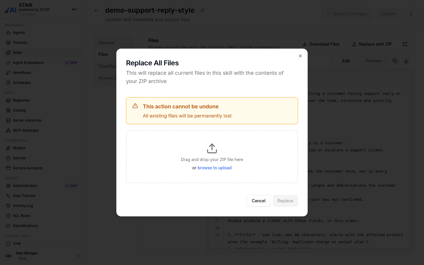 The Replace All Files dialog with the warning that the action cannot be undone and the ZIP upload area.