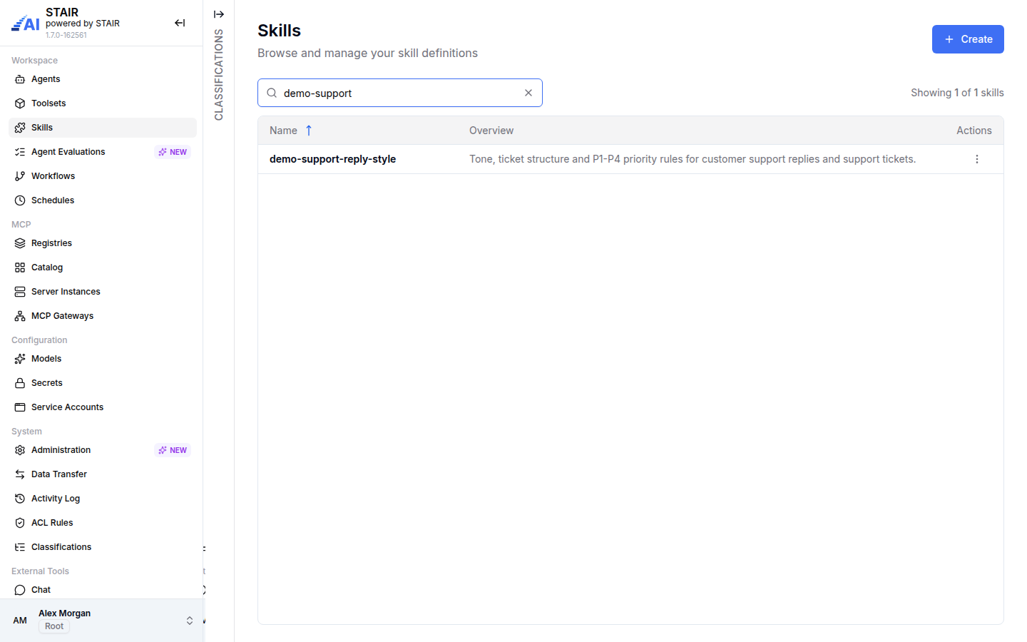 The Skills list filtered to the demo skill demo-support-reply-style.