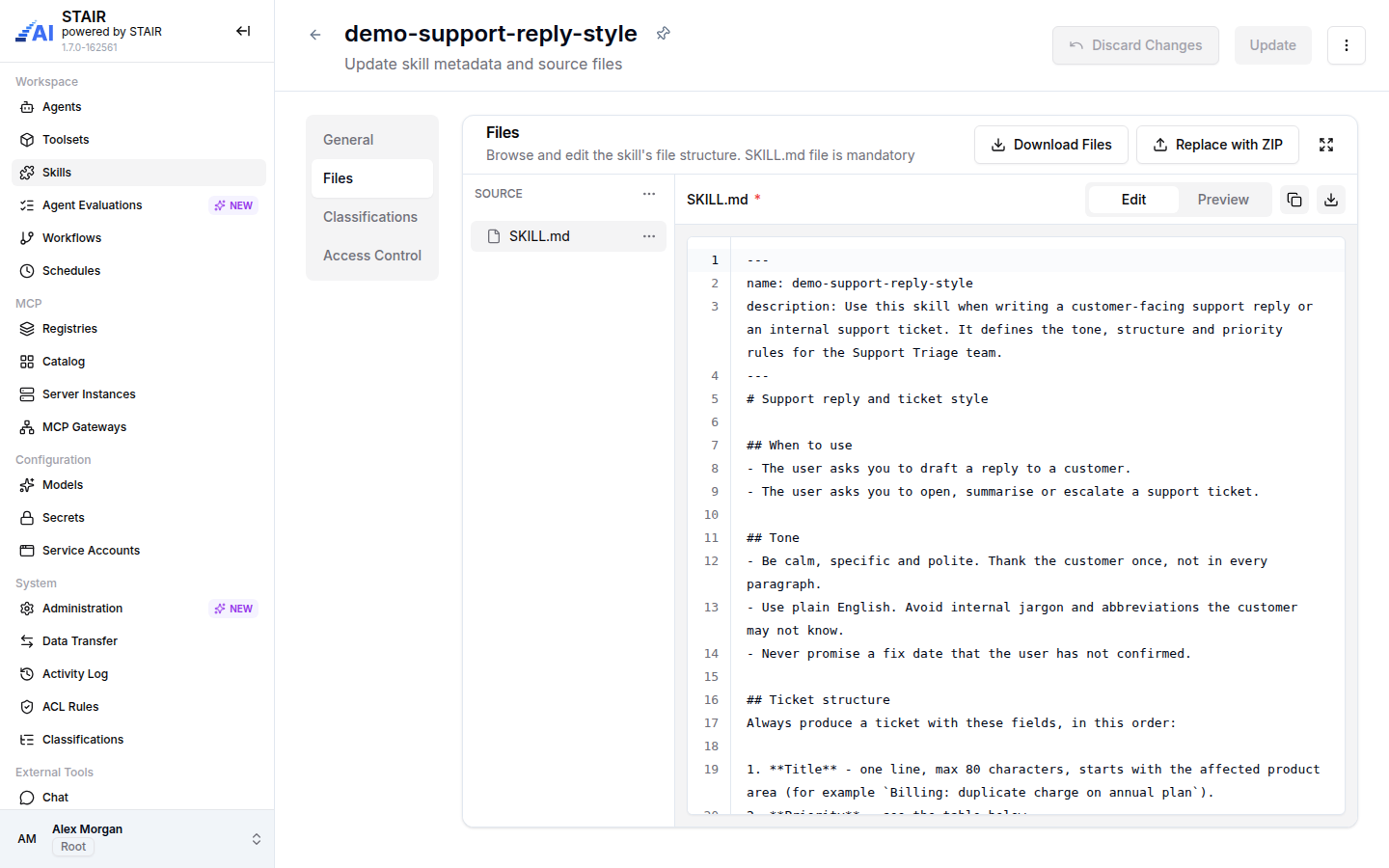 The SKILL.md file of demo-support-reply-style open in the skill editor, with its name and description front matter.