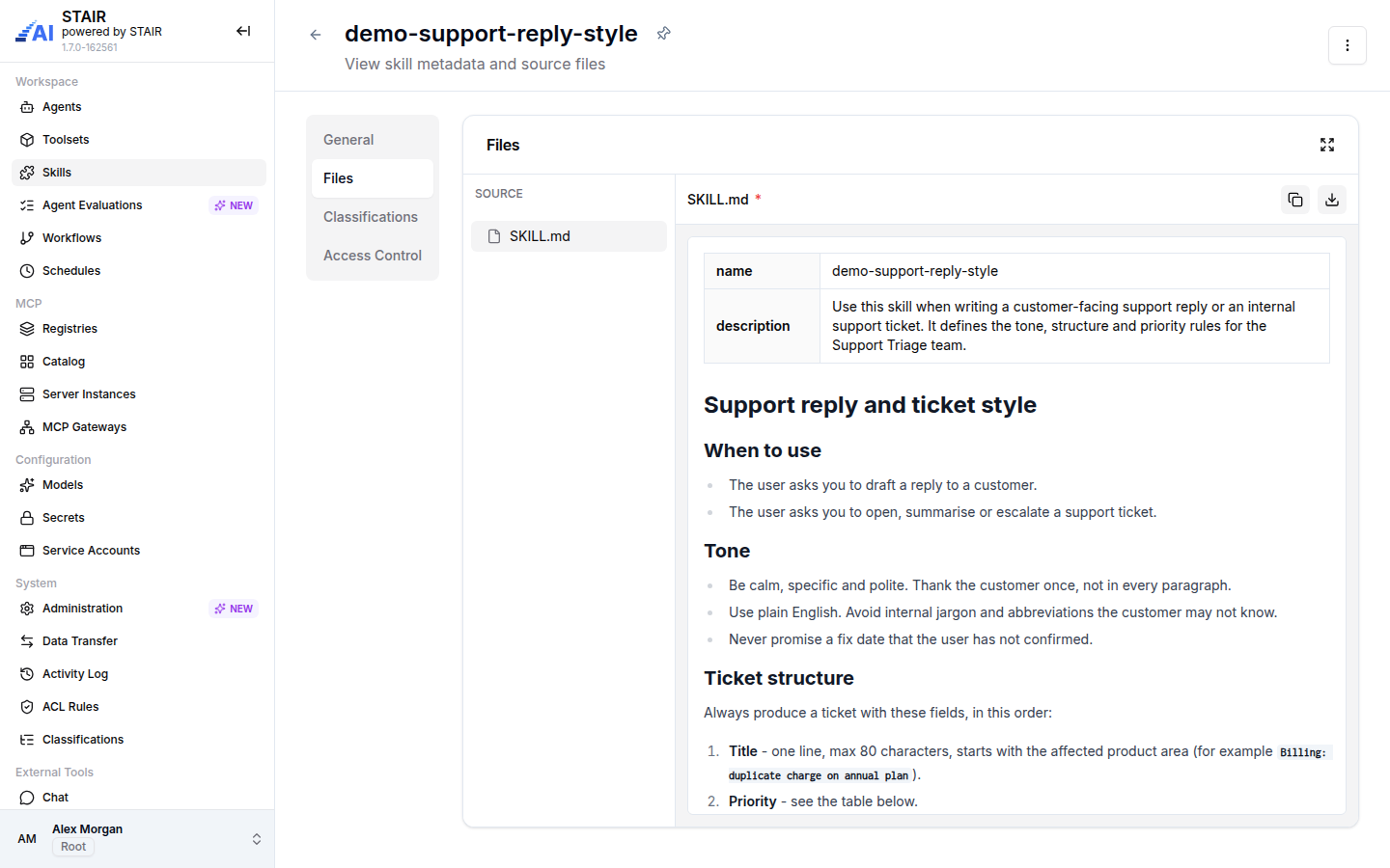 The view mode of demo-support-reply-style with SKILL.md rendered as a front matter table and Markdown.