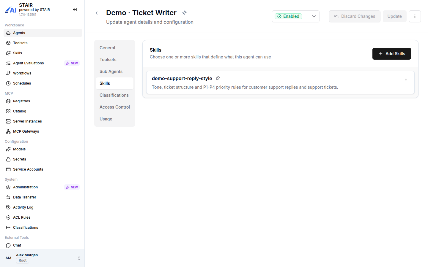 The Skills tab of Demo · Ticket Writer with the attached skill demo-support-reply-style.