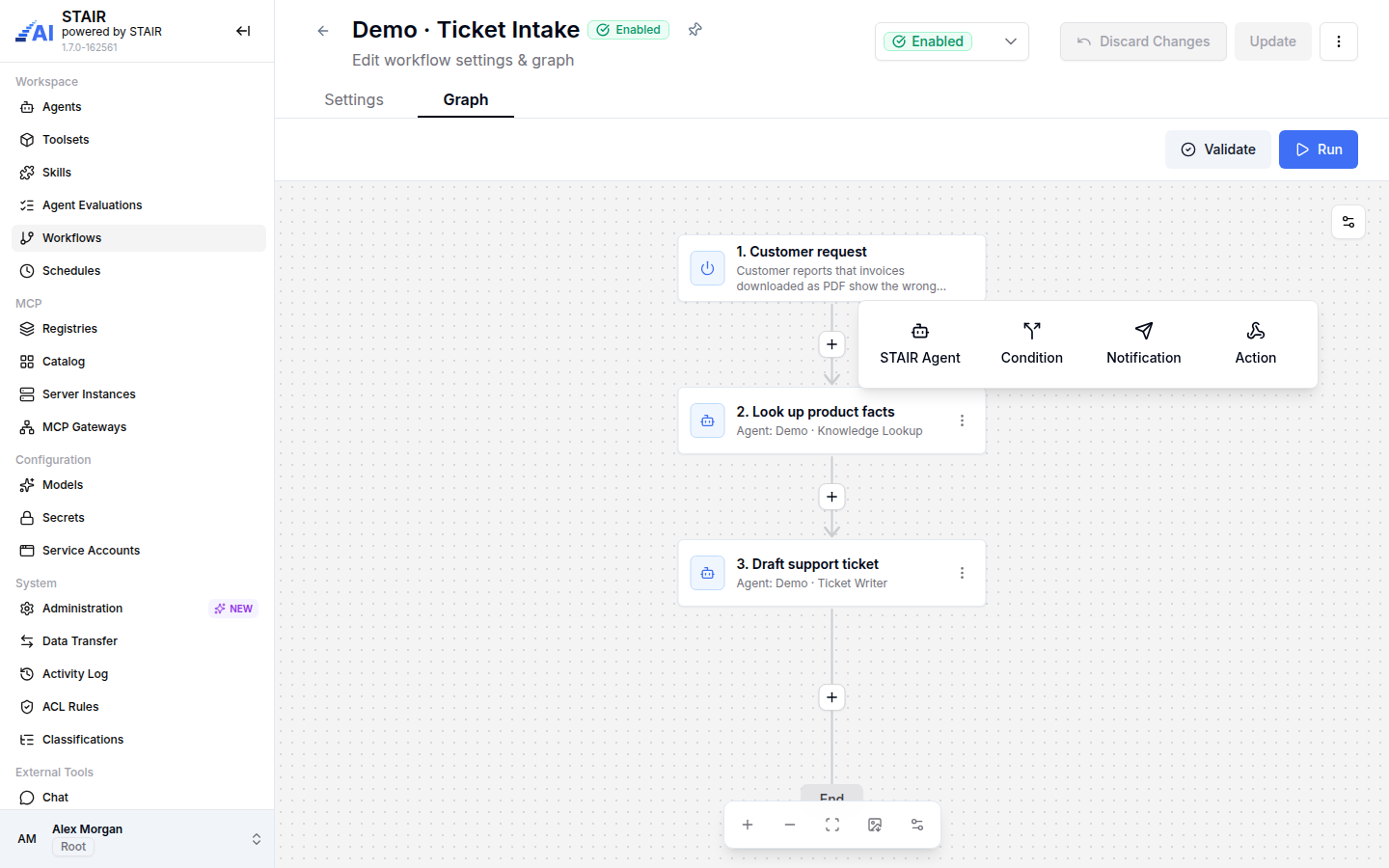 The workflow editor with the node type menu open: STAIR Agent, Condition, Notification and Action.