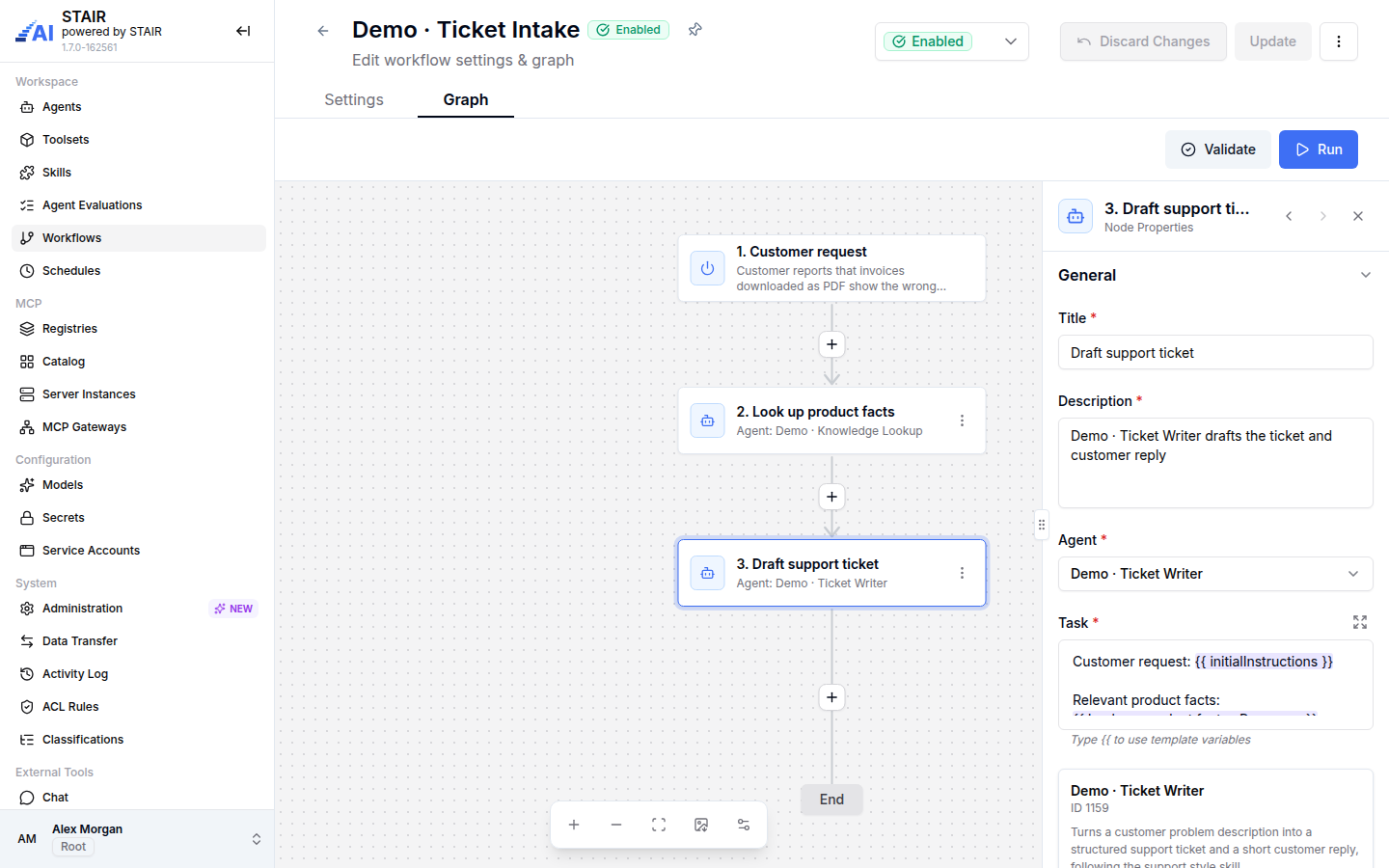 The node properties panel of a STAIR Agent node with title, description, agent and a task that uses template variables.