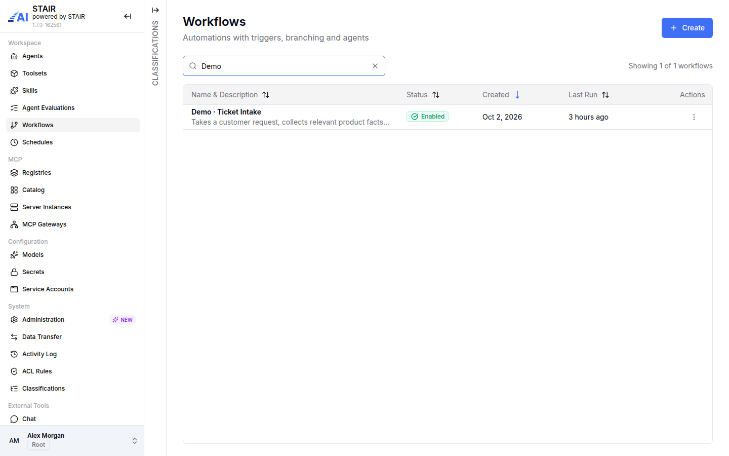 The Workflows list filtered to the Demo workflow, with status, created date and last run.