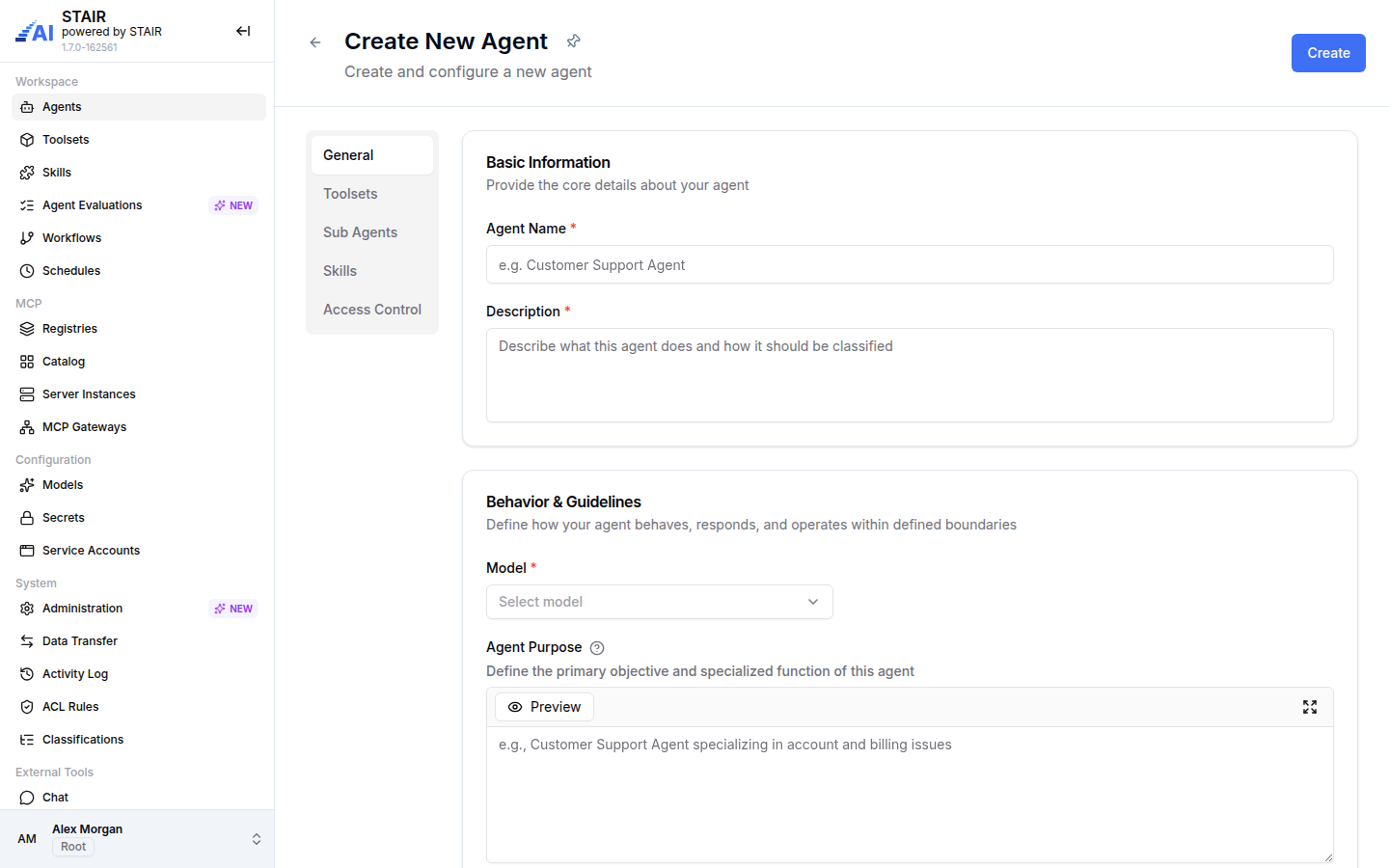 The General tab of the Create New Agent form with Agent Name, Description, Model and Agent Purpose.