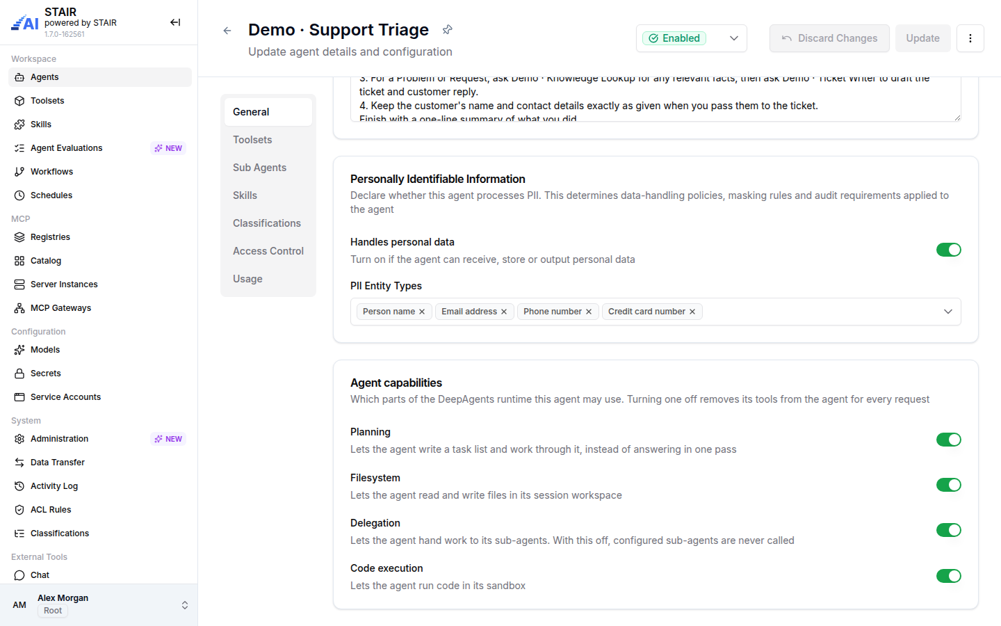 The PII section of Demo · Support Triage with four entity types selected, and the four Agent capabilities switches.