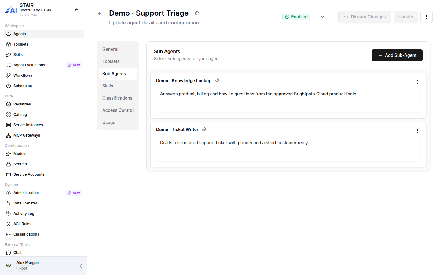 The Sub Agents tab of Demo · Support Triage with Demo · Knowledge Lookup and Demo · Ticket Writer and their descriptions.