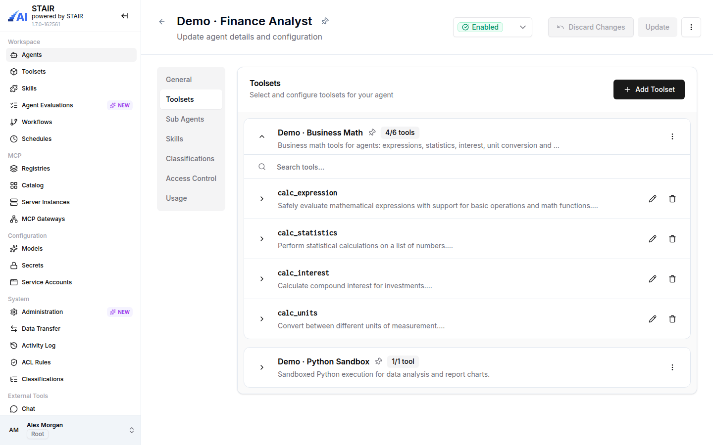 The STAIR console: the Toolsets tab of the Finance Analyst demo agent, with Business Math tools enabled one by one and a Python sandbox toolset