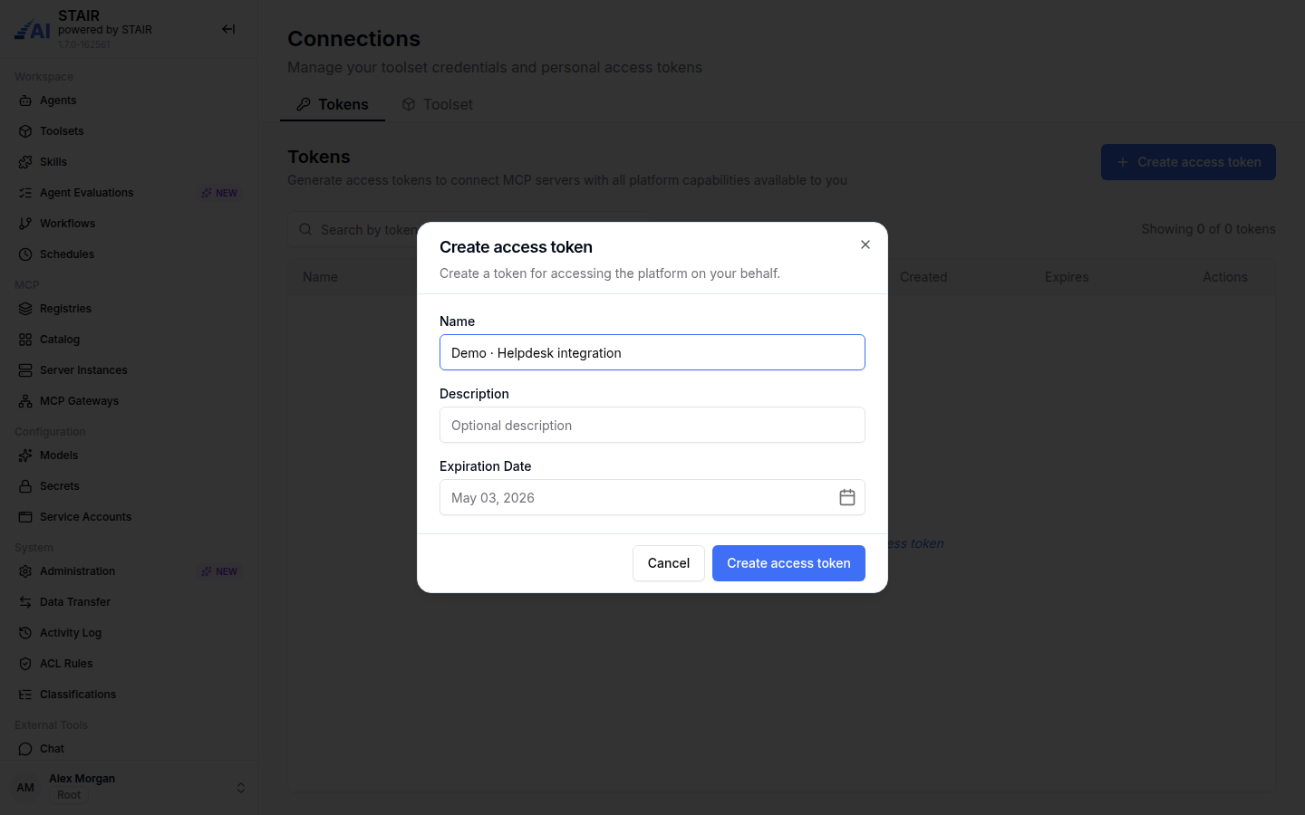 The Create access token dialog with Name, Description and Expiration Date fields.
