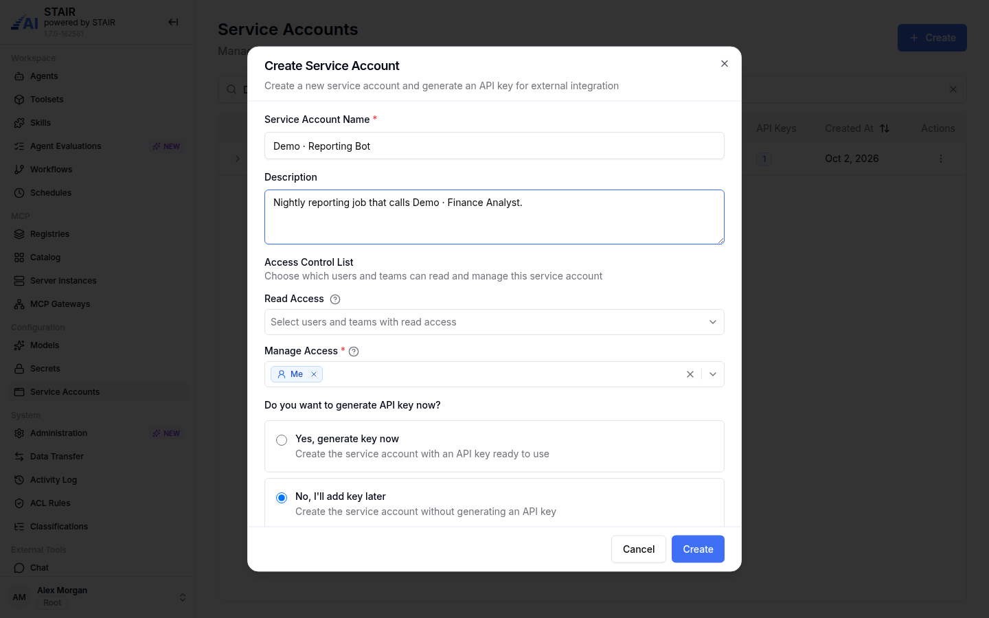 The Create Service Account dialog with name, description, Access Control List and the choice to generate an API key now or later.