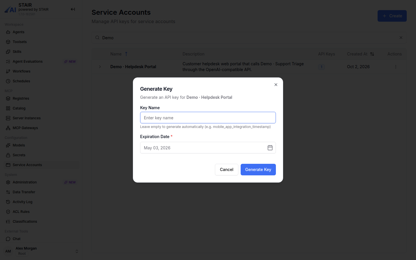 The Generate Key dialog for the Demo · Helpdesk Portal service account with Key Name and Expiration Date.
