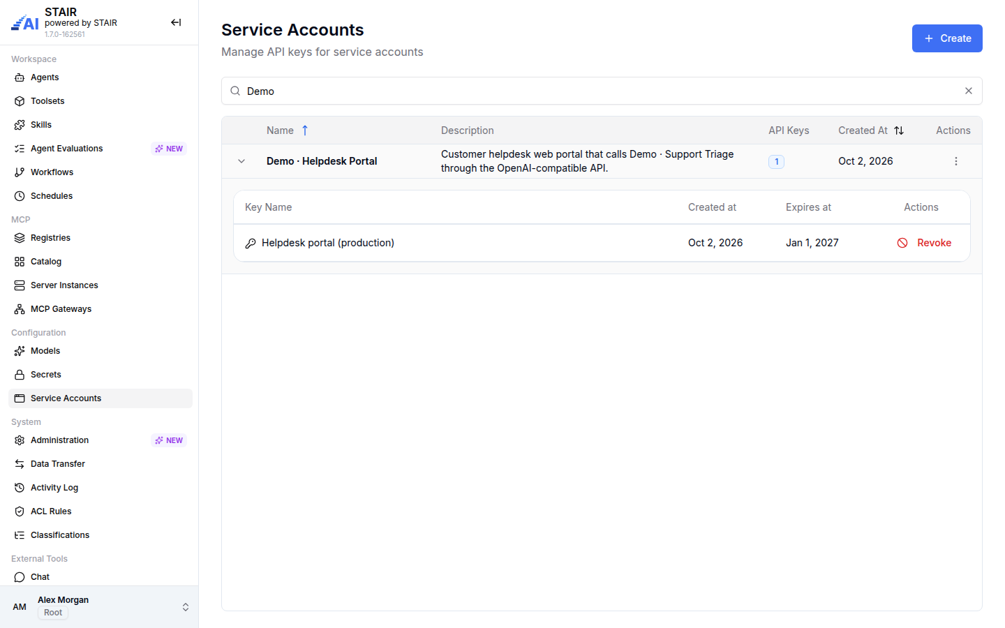 The Service Accounts list filtered to Demo, with Demo · Helpdesk Portal expanded to show its key Helpdesk portal (production) and the Revoke action.