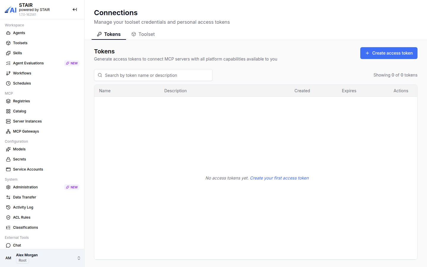 The Tokens tab of Connections with the Create access token button and an empty token list.