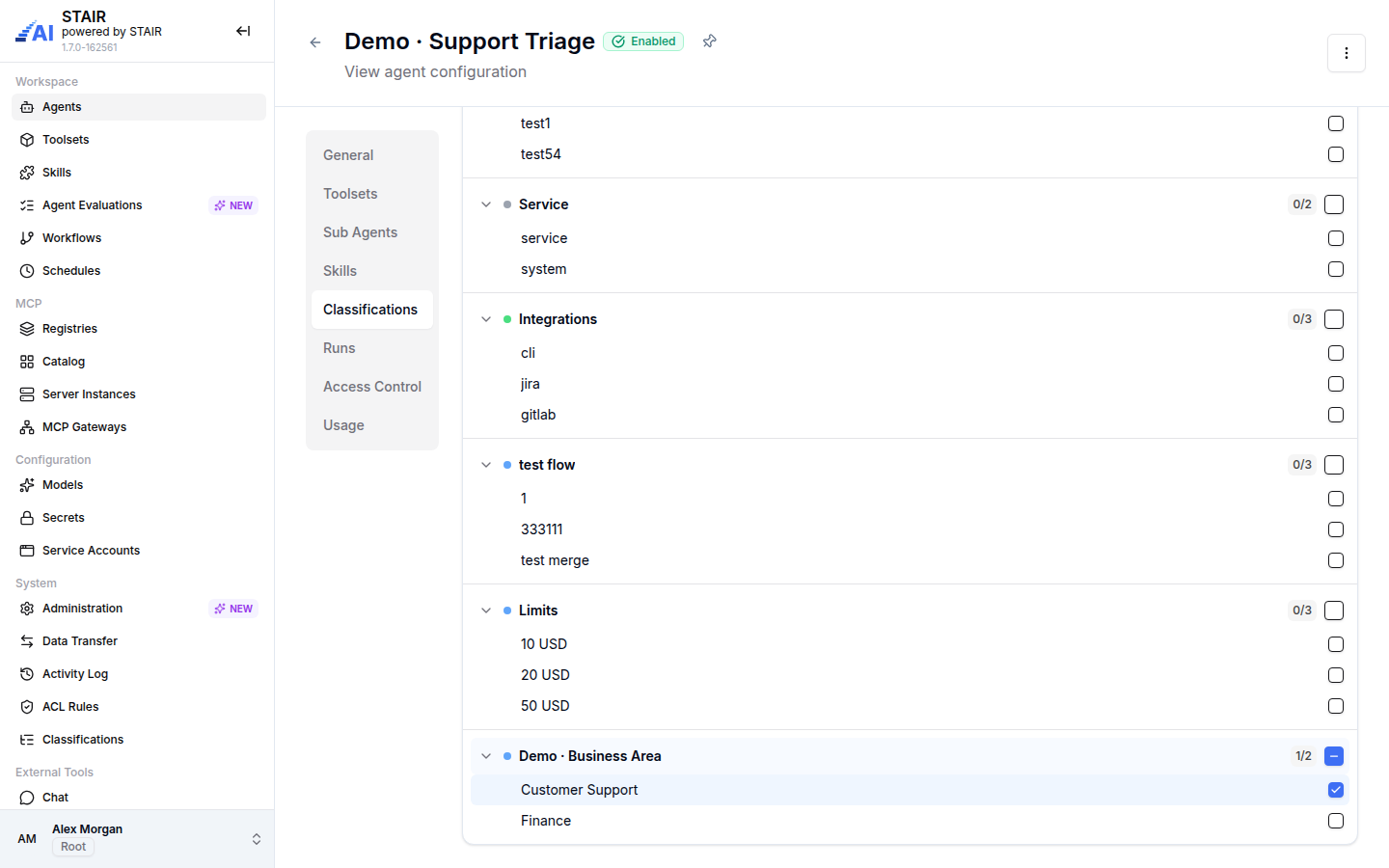 The Classifications tab of Demo · Support Triage with Customer Support ticked in the Demo · Business Area group.