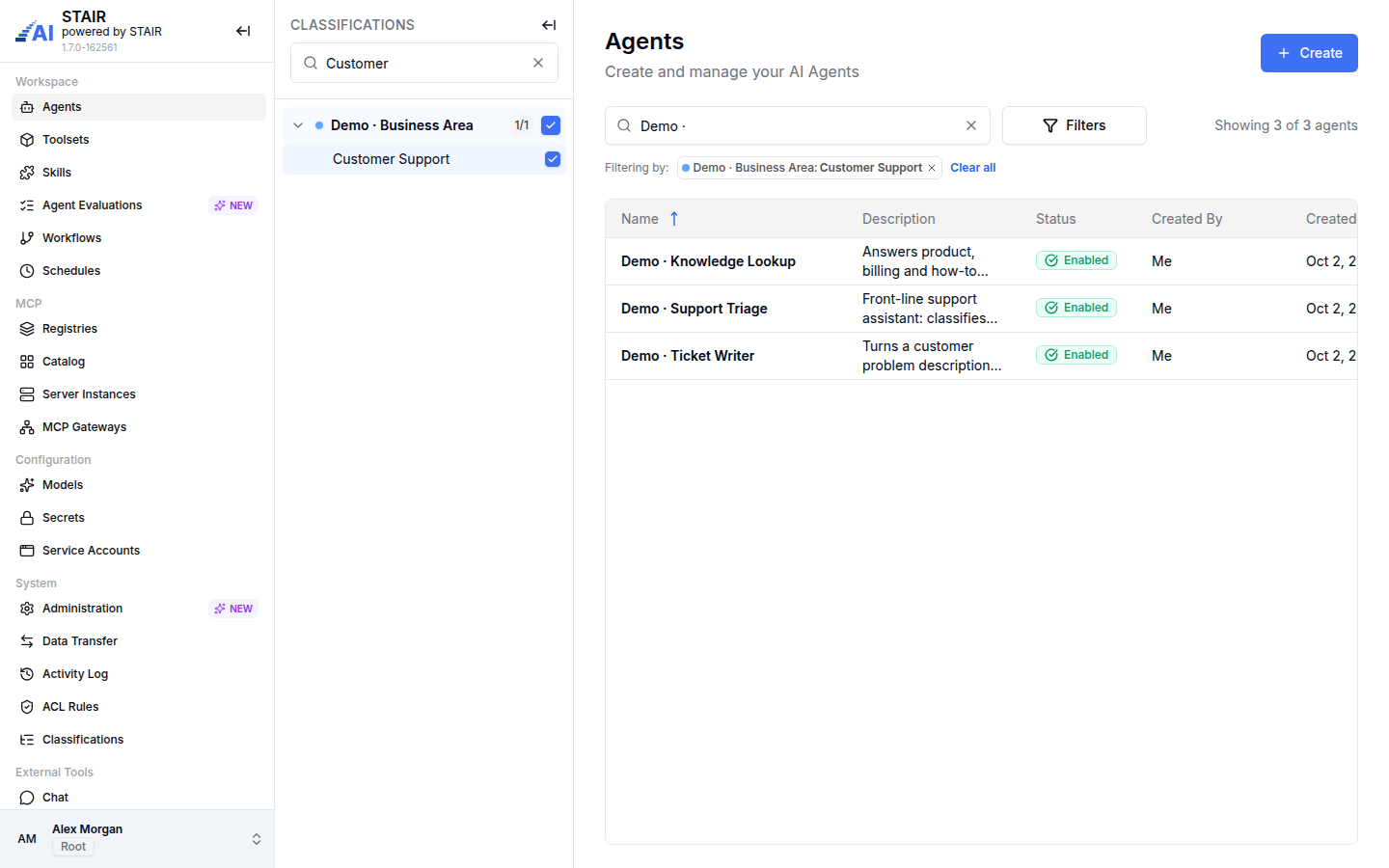 The Agents list filtered by the classification Customer Support, with the filter shown as a chip above the table.