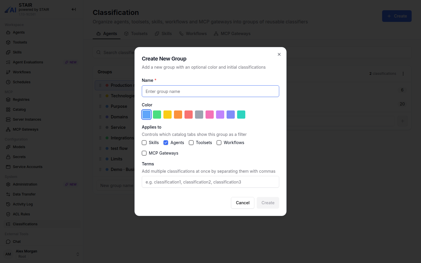 The Create New Group dialog with Name, Color, Applies to and Terms.
