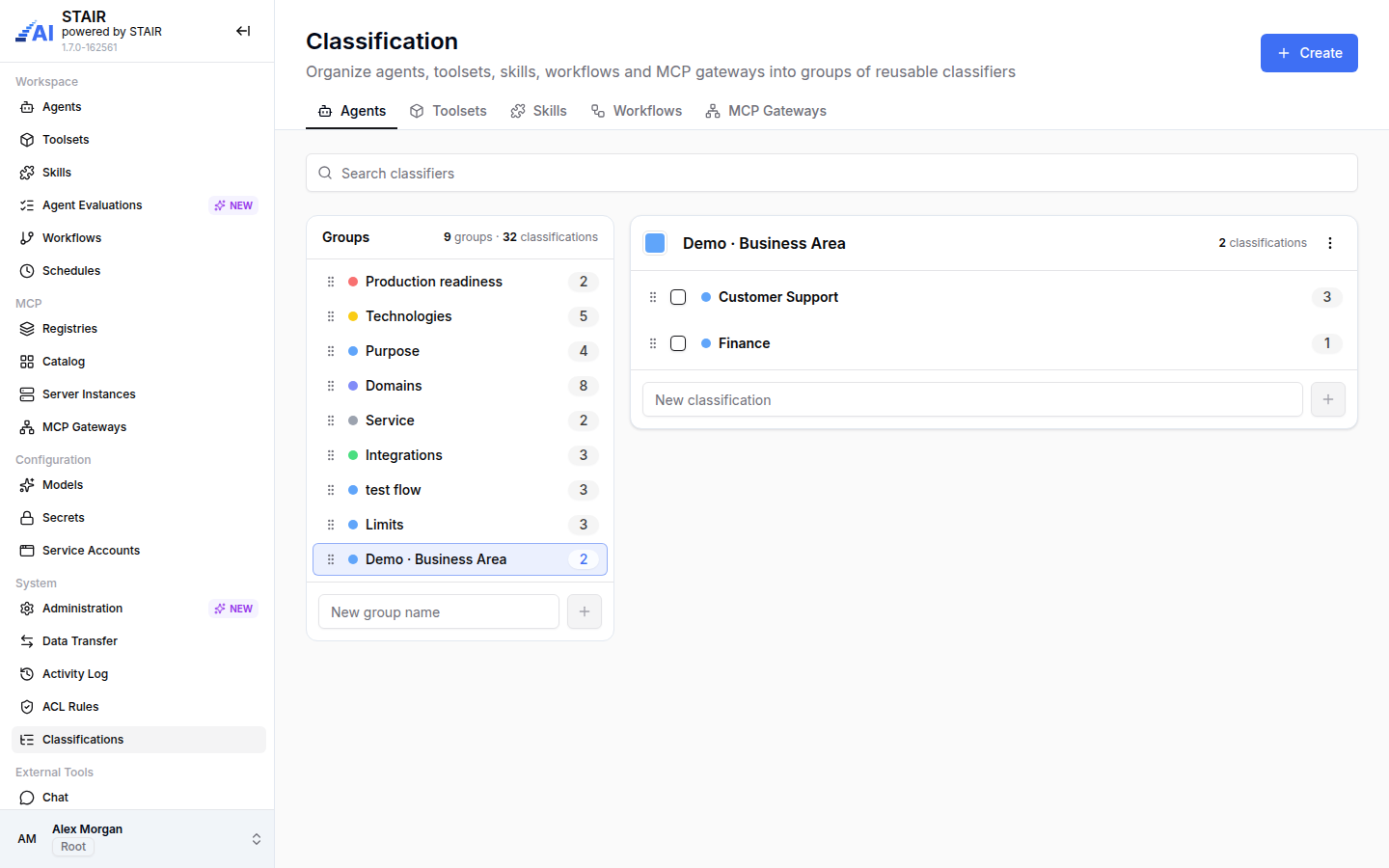The Classification page with the group Demo · Business Area selected, showing Customer Support and Finance and how many records use each.