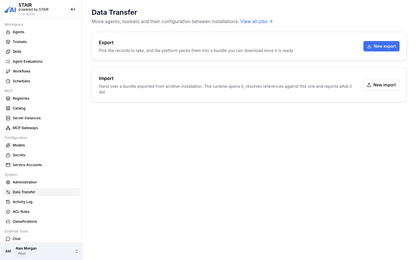 The Data Transfer page in the STAIR Console with the Export and Import sections and the New export and New import buttons.