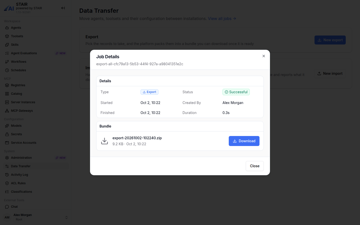 The Job Details dialog of a successful export with the bundle ZIP file and a Download button.