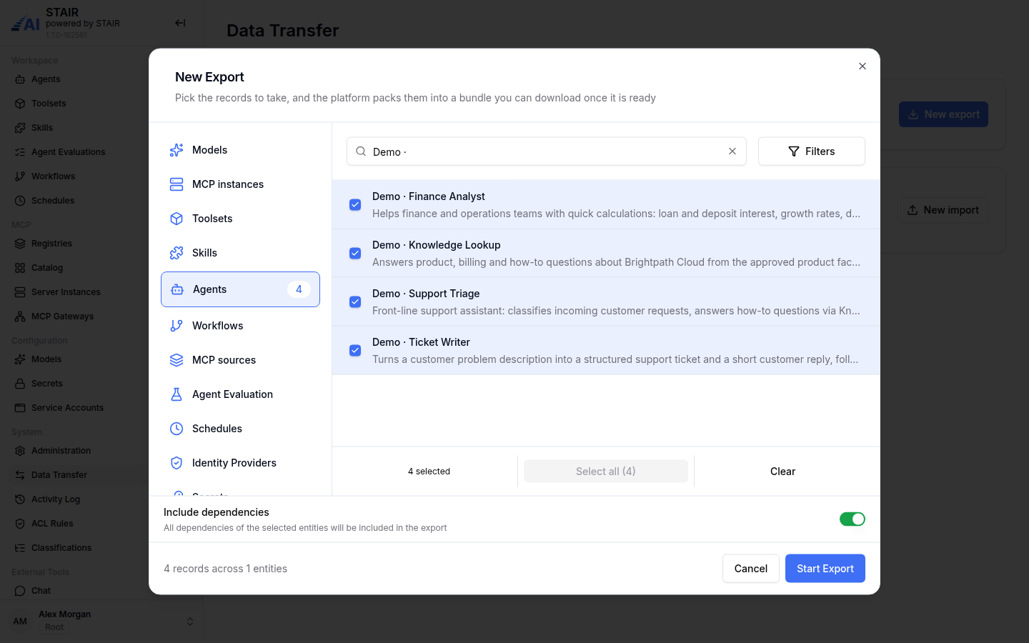 The New Export dialog with four demo agents selected and Include dependencies turned on.