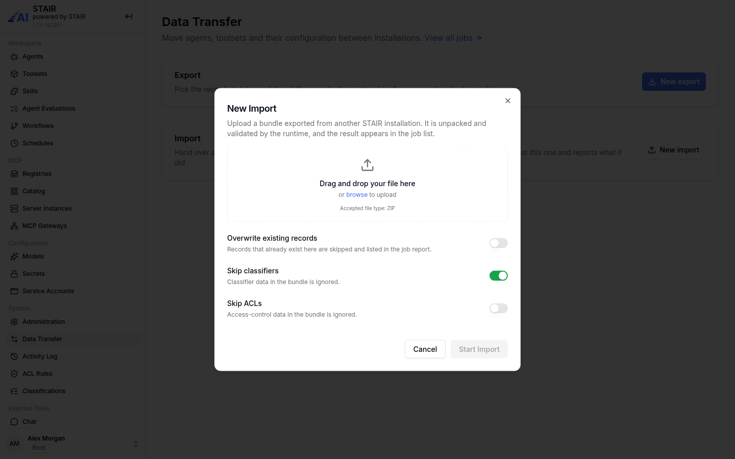 The New Import dialog with the ZIP drop zone and the Overwrite existing records, Skip classifiers and Skip ACLs options.