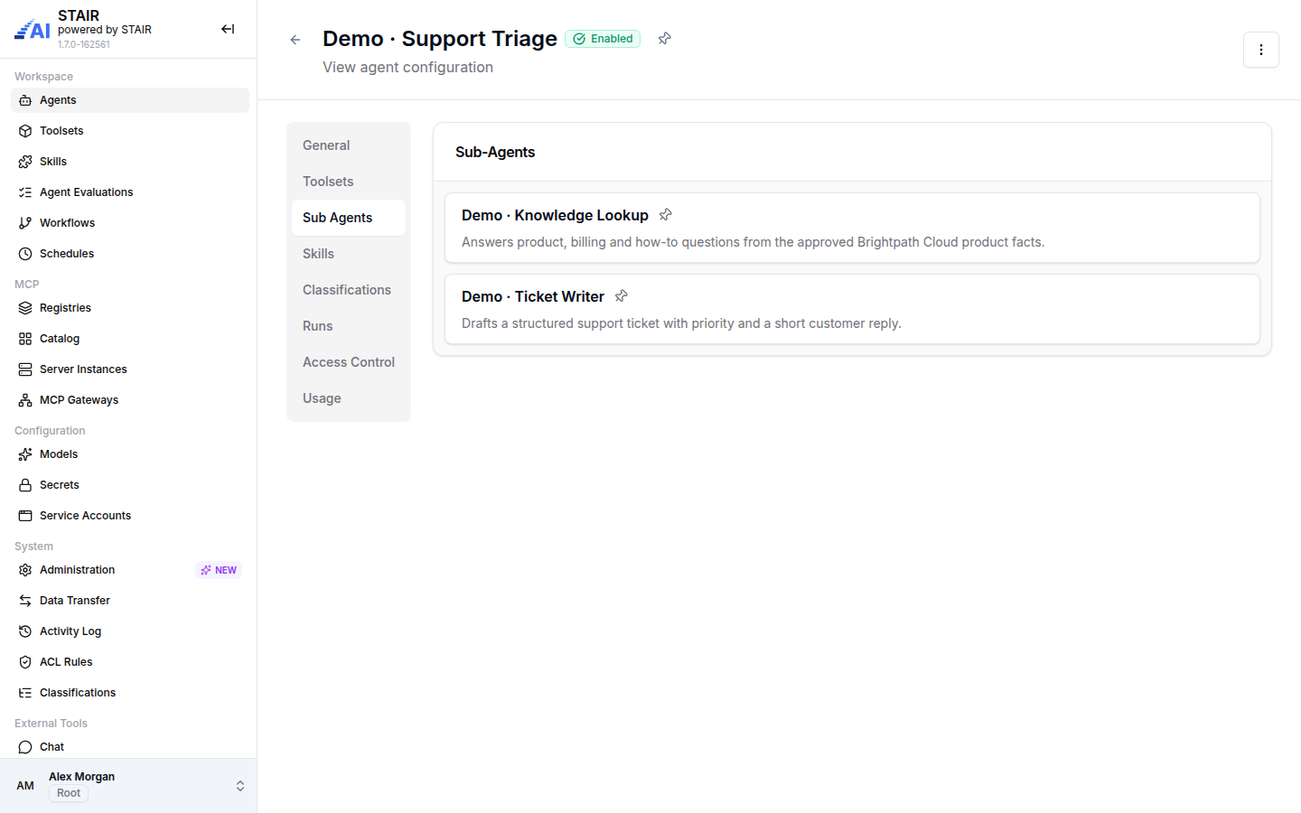 The Sub Agents tab of Demo · Support Triage with Demo · Knowledge Lookup and Demo · Ticket Writer.