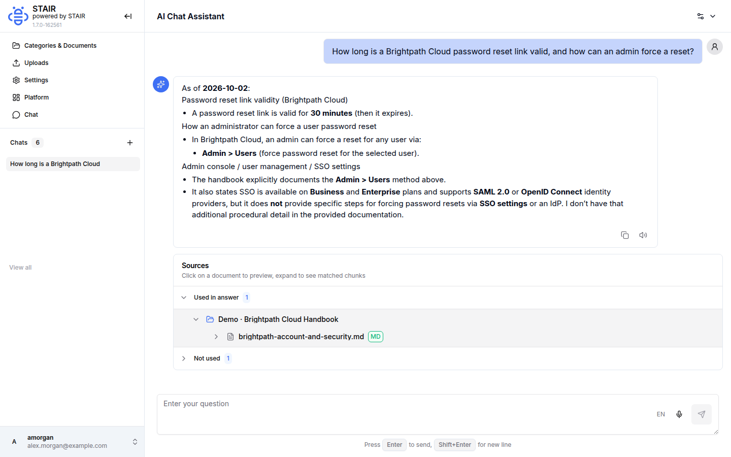 A STAIR Knowledge answer about the Brightpath Cloud password reset with the Sources panel showing the handbook document used in the answer.