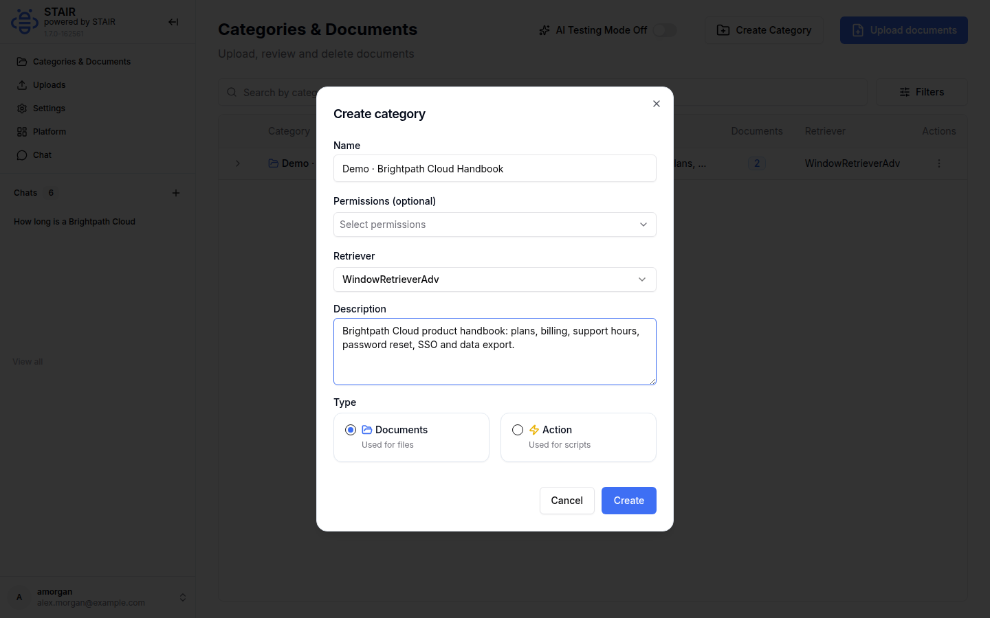 The Create category dialog in STAIR Knowledge with Name, Permissions, Retriever, Description and Type.