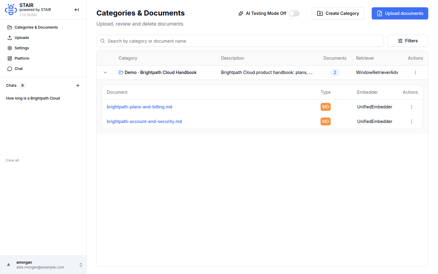 Categories & Documents in STAIR Knowledge with the Demo · Brightpath Cloud Handbook category expanded to show its two Markdown documents.