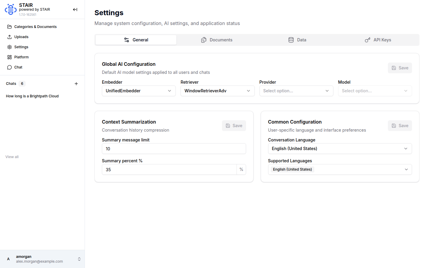 The General tab of STAIR Knowledge Settings with the global AI configuration, context summarization and language settings.