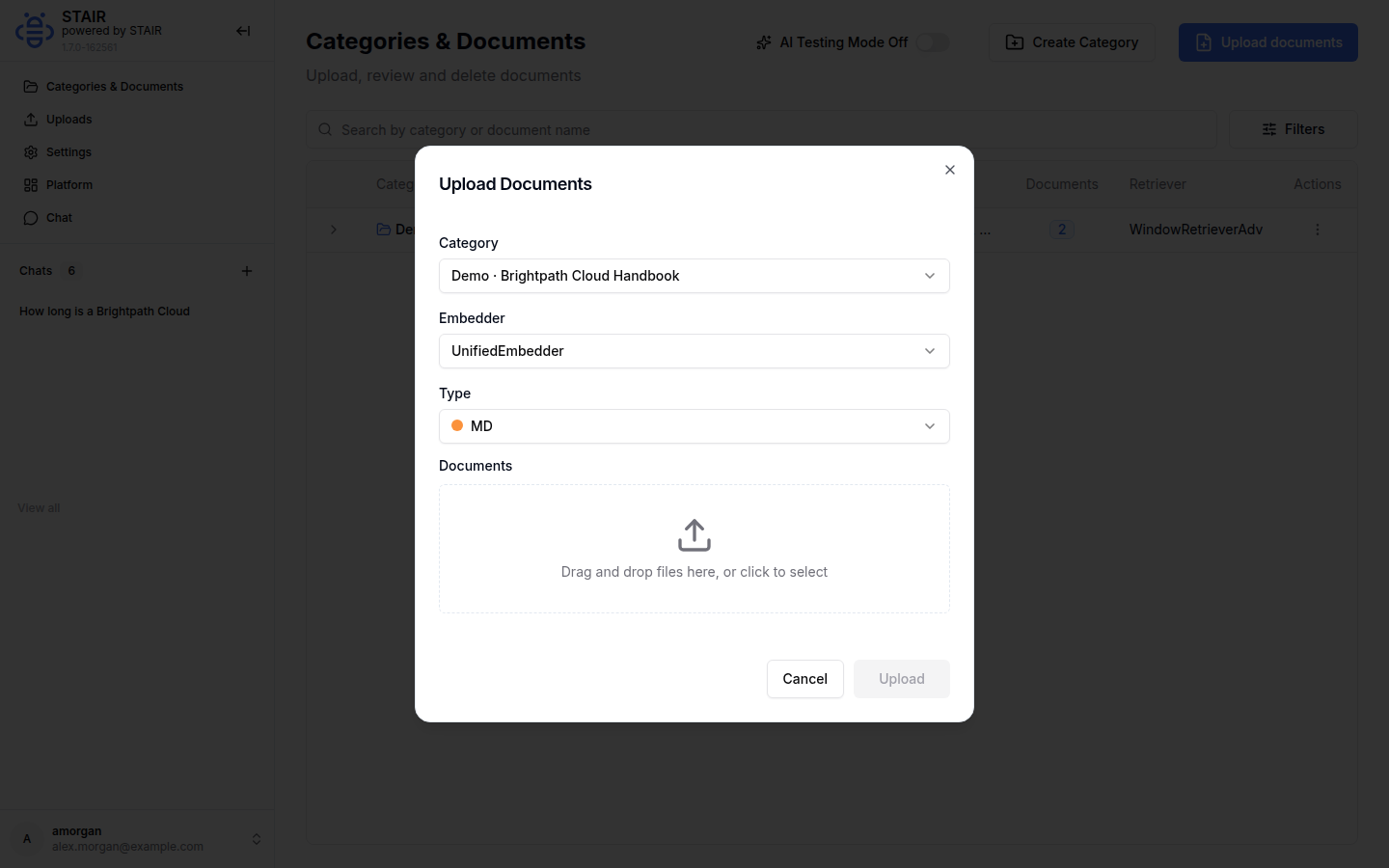 The Upload Documents dialog in STAIR Knowledge with the demo category, the UnifiedEmbedder embedder and the MD document type selected.