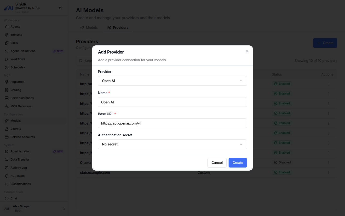 The Add Provider dialog with Provider set to Open AI, the prefilled Name and Base URL, and Authentication secret set to No secret.