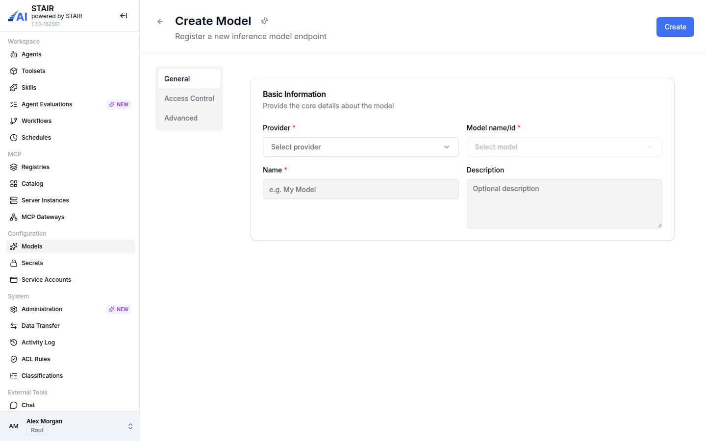 The General tab of the Create Model form with Provider, Model name/id, Name and Description.