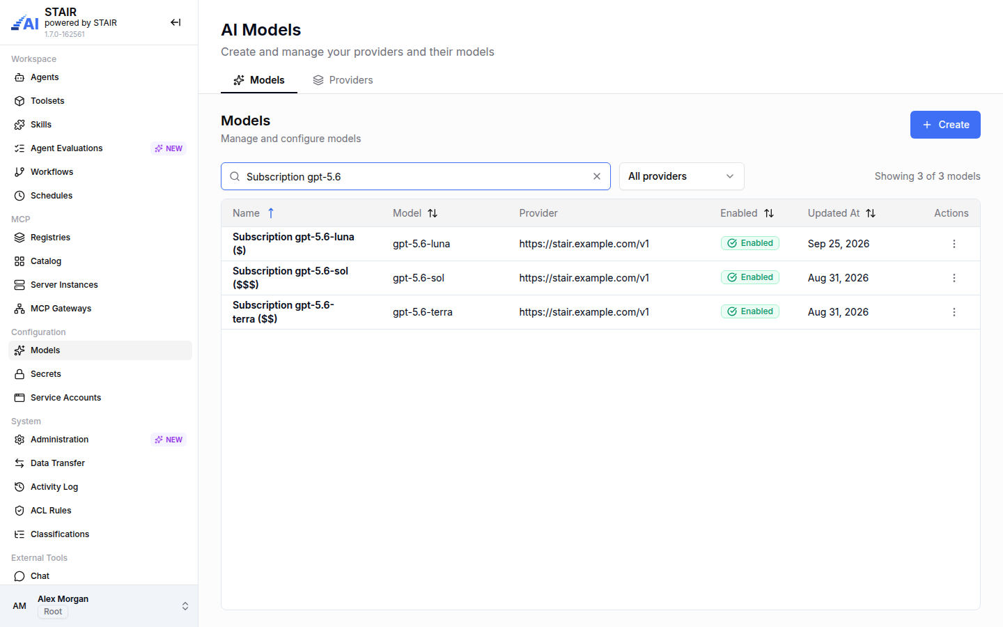 The Models tab of the AI Models page filtered to three subscription models, with the Provider column masked.