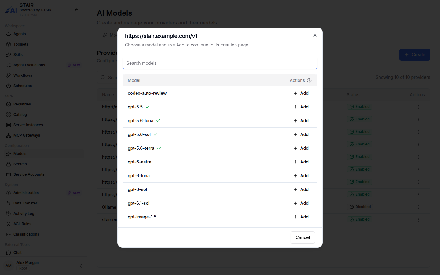 The List of models dialog of a custom provider, listing model ids with an Add action and check marks on models already added.