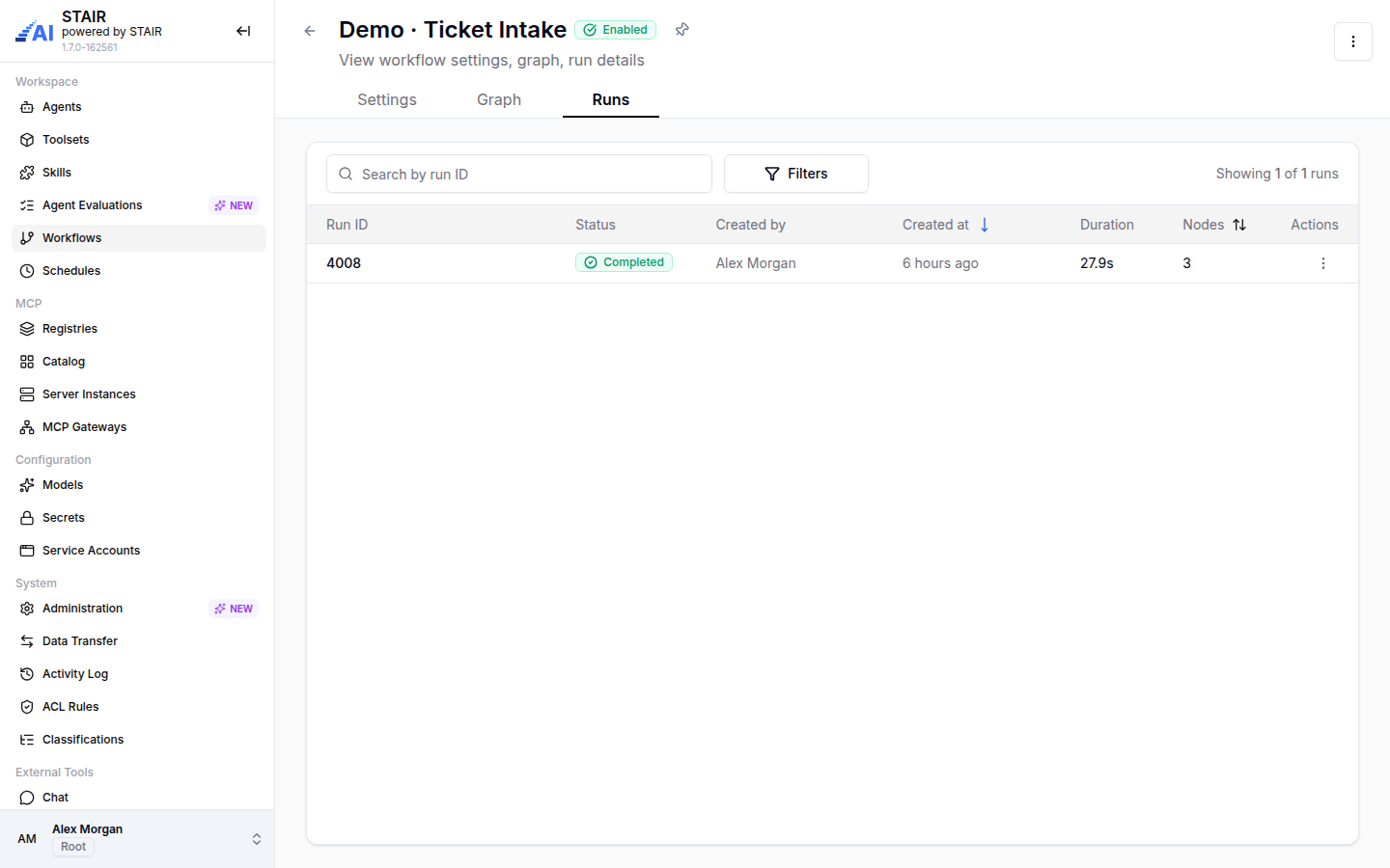 The Runs tab of the Demo · Ticket Intake workflow with one completed run, its creator, duration and number of nodes.