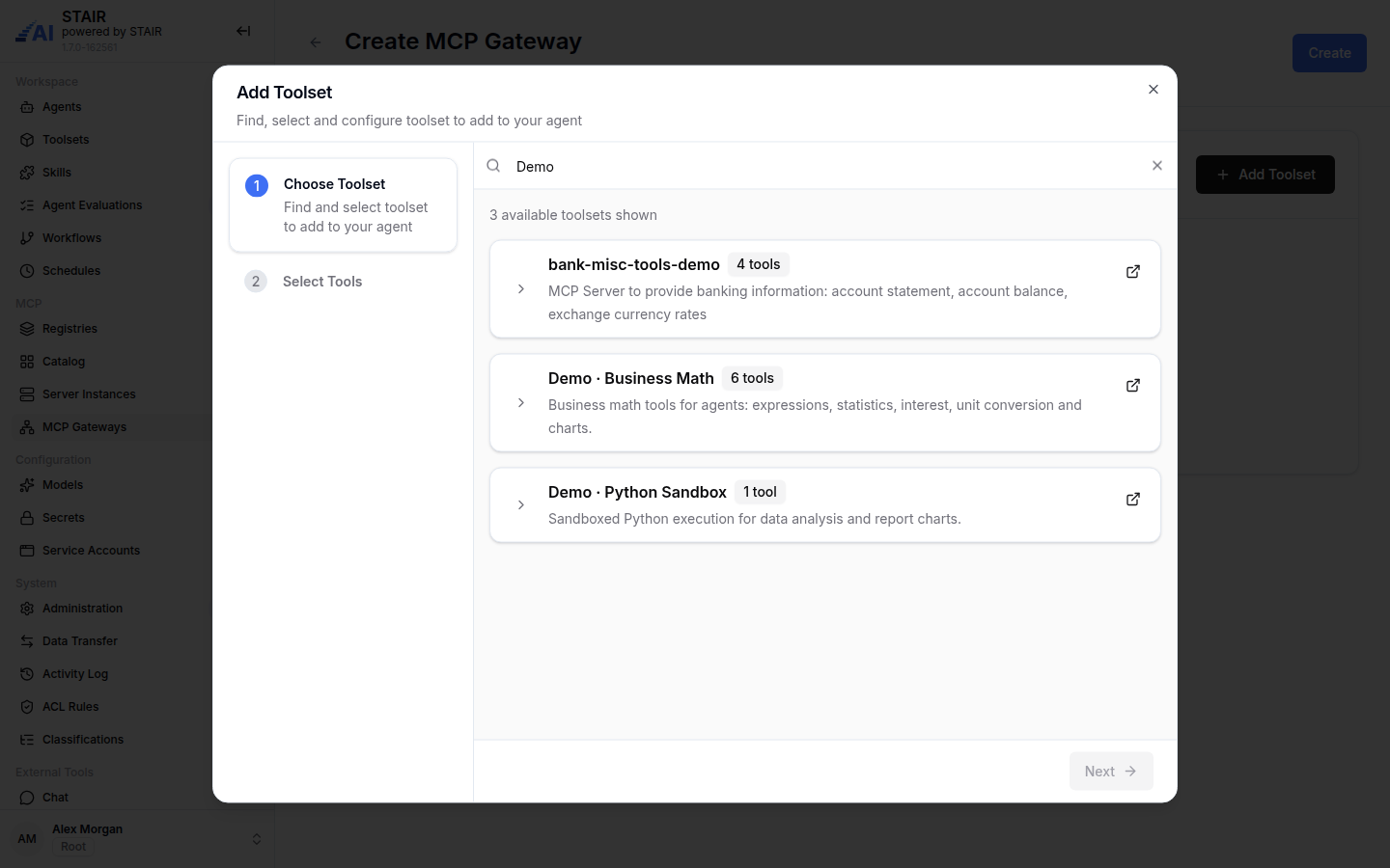 The Add Toolset dialog of an MCP Gateway, searched for Demo, with the toolsets Demo · Business Math and Demo · Python Sandbox.