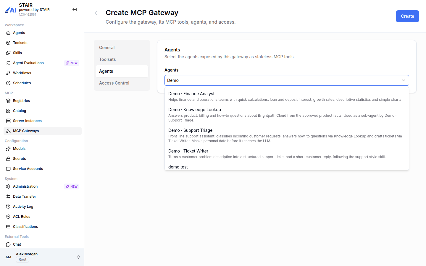 The Agents tab of the Create MCP Gateway form with the agent picker filtered to the Demo agents.
