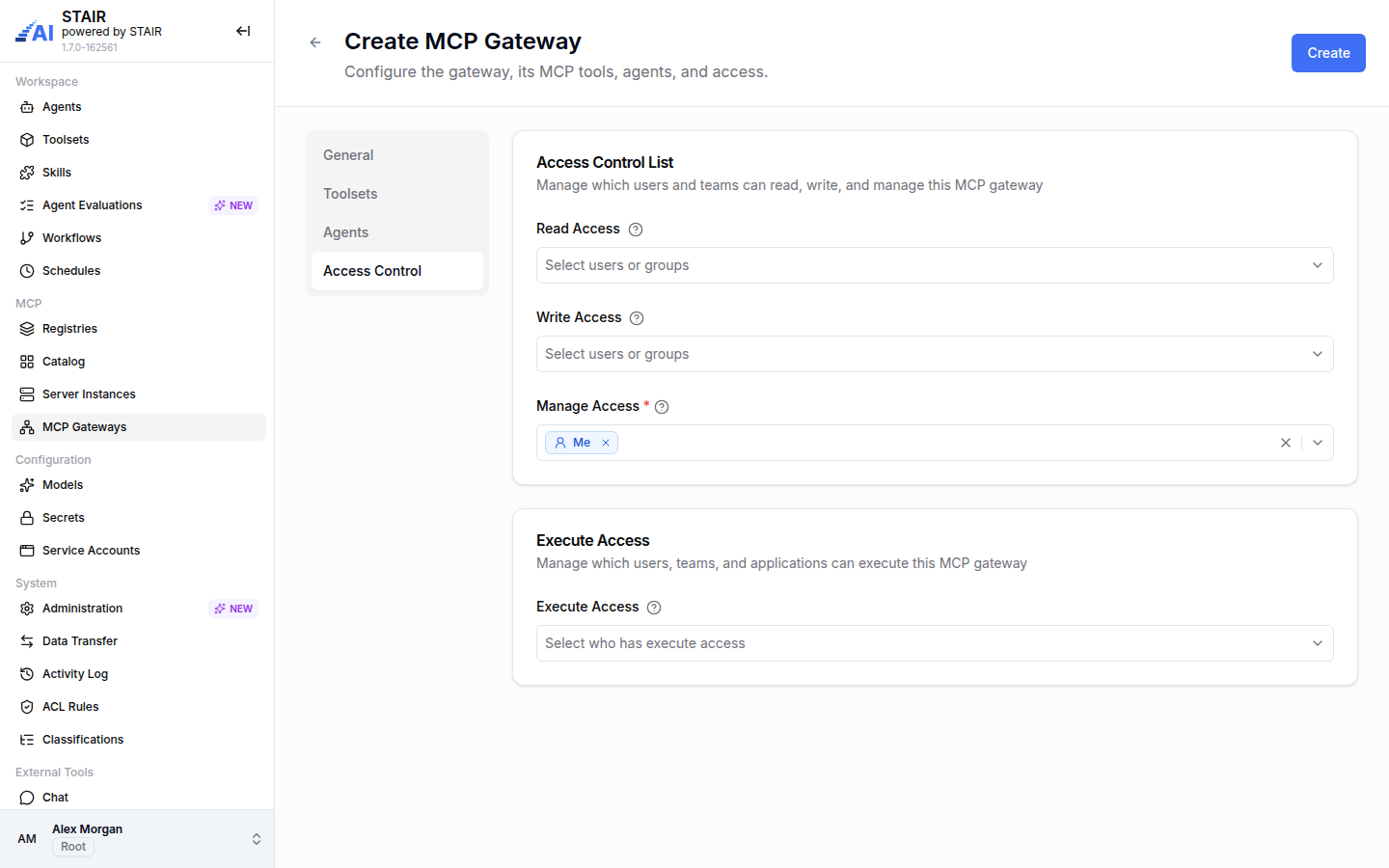 The Access Control tab of the Create MCP Gateway form with Read, Write and Manage Access and the Execute Access section.