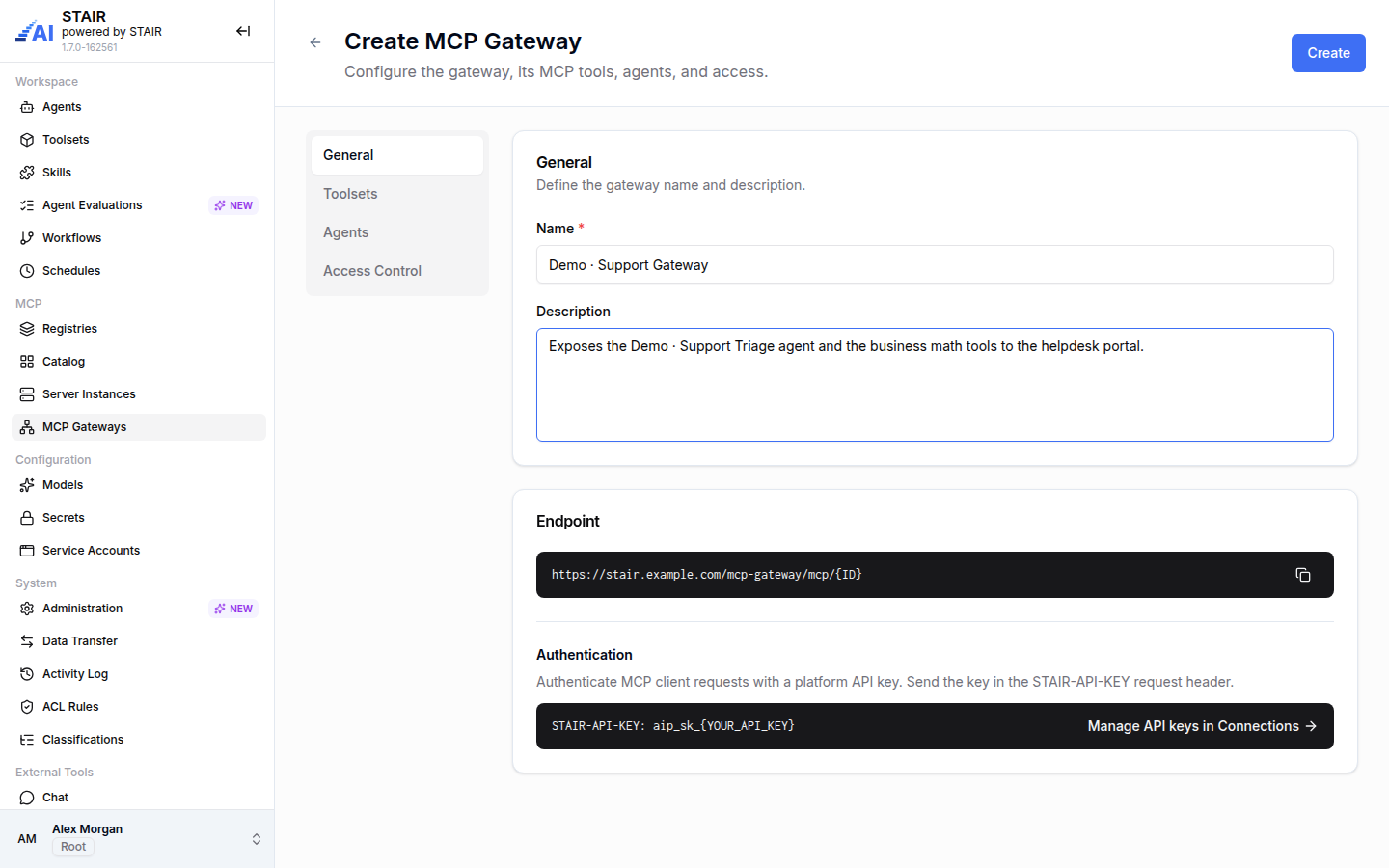 The General tab of the Create MCP Gateway form with Name, Description, the Endpoint URL and the STAIR-API-KEY authentication header.