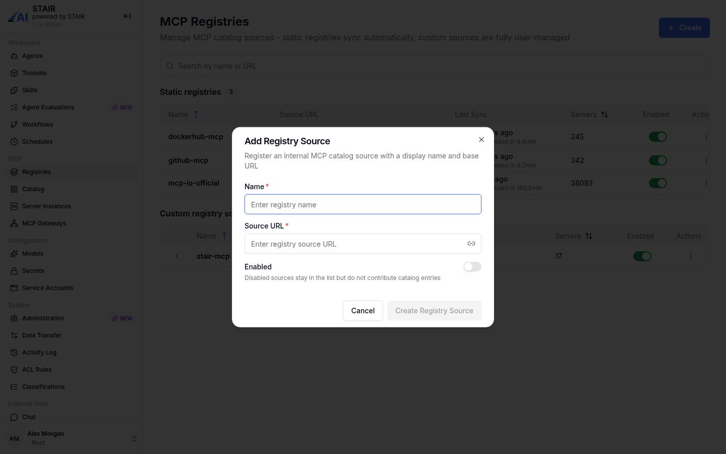 The Add Registry Source dialog with Name, Source URL and the Enabled switch.
