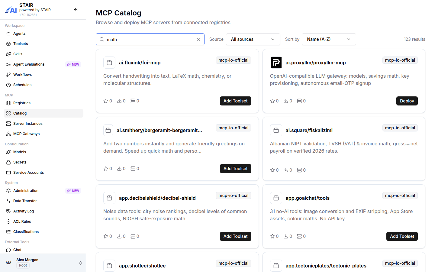 The MCP Catalog searched for math, with server cards from the official MCP registry and their Deploy or Add Toolset buttons.
