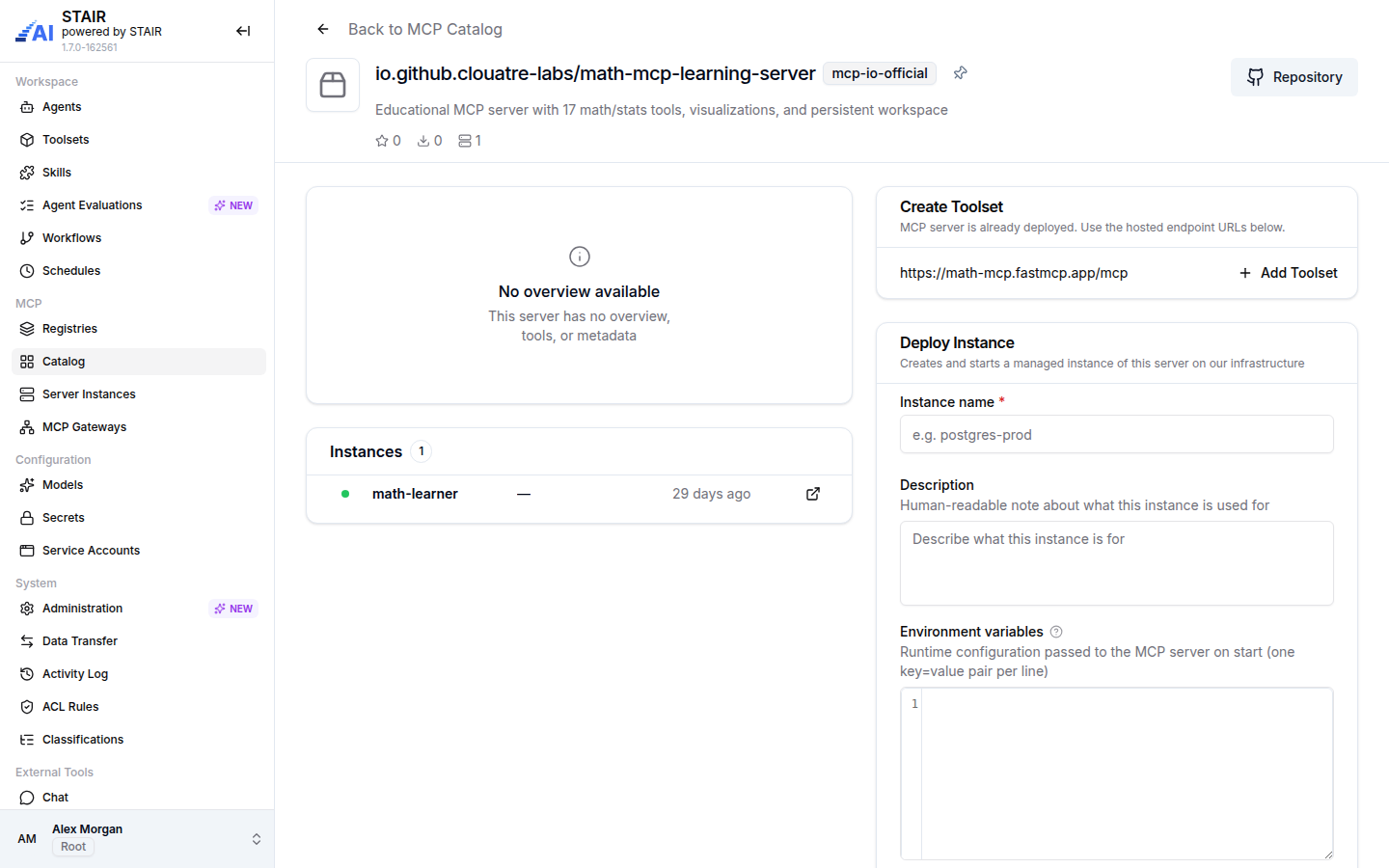 The catalog detail page of a math MCP server with one deployed instance, a hosted endpoint with Add Toolset and the Deploy Instance form.