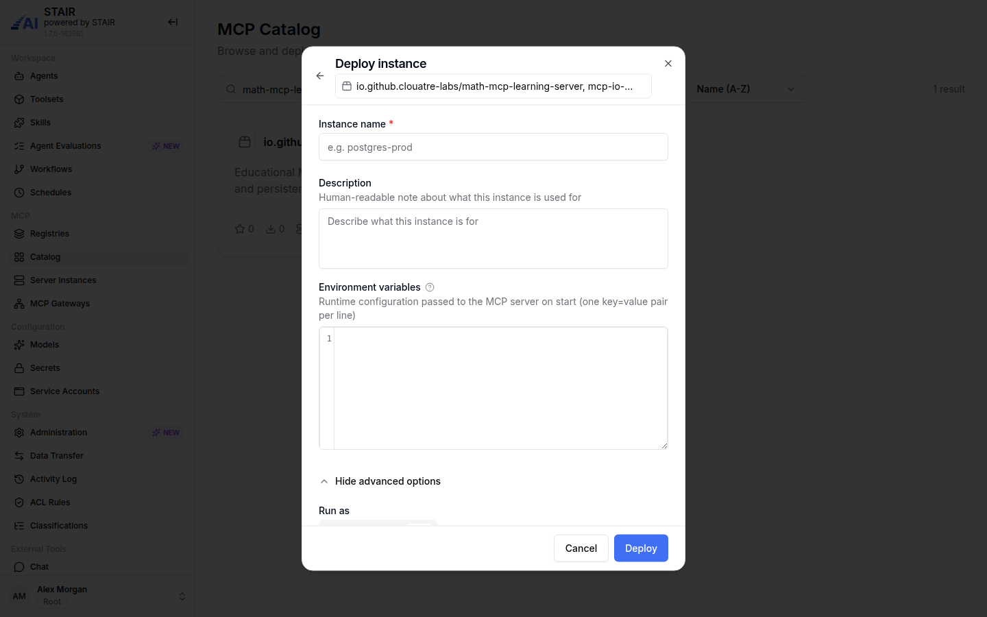 The Deploy instance dialog for a math MCP server with Instance name, Description, Environment variables and the advanced options toggle.