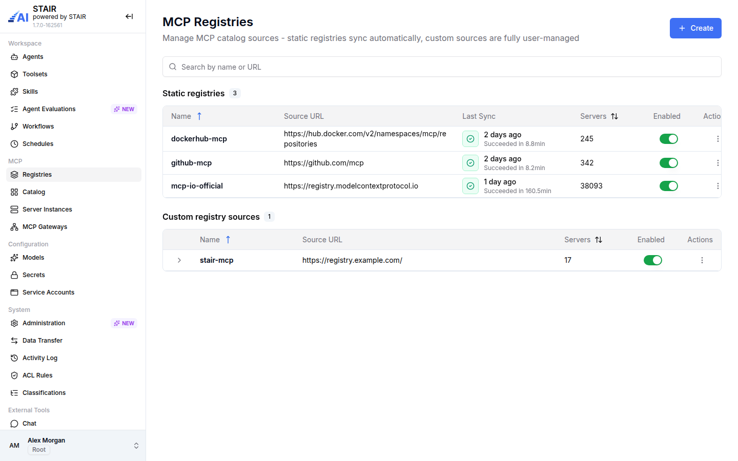The MCP Registries page with three static registries and one custom registry source, their last sync, server counts and Enabled switches.