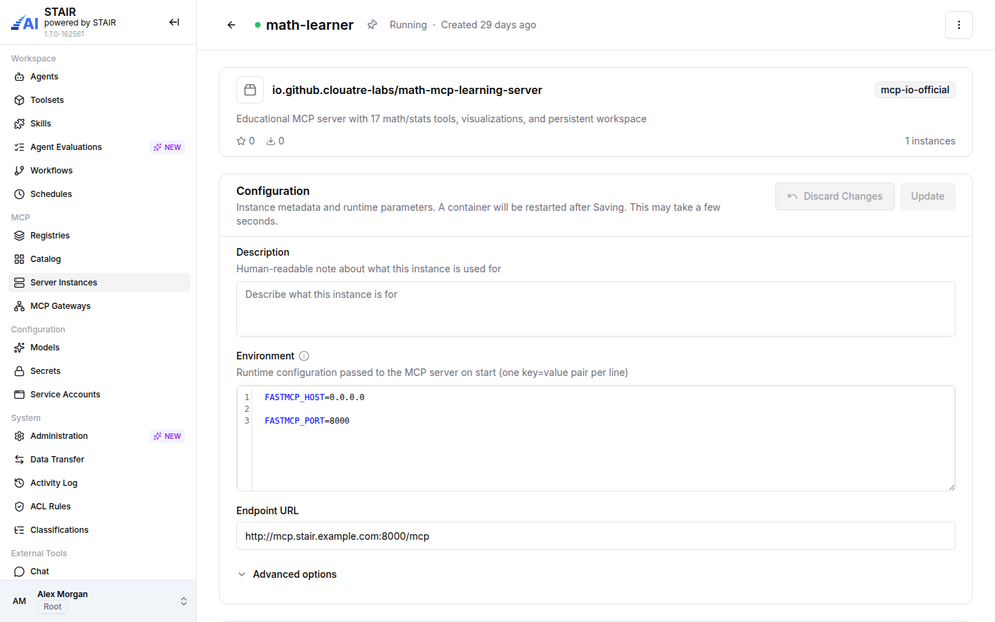 The page of a running MCP server instance with its catalog entry, environment variables, endpoint URL and the Configuration actions.
